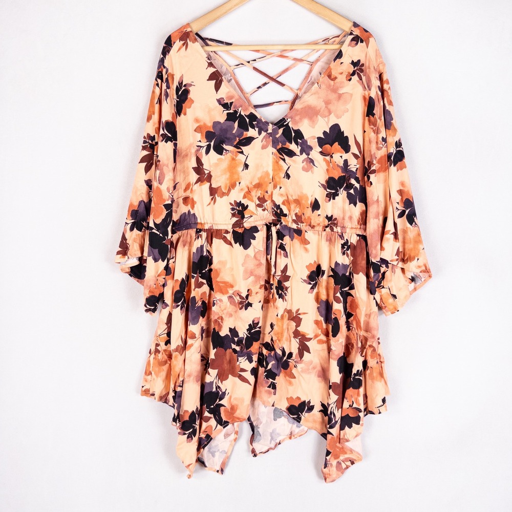 Torrid Tunic Top 2X Orange Floral Boho Strappy Back Handkerchief Hem Feminine